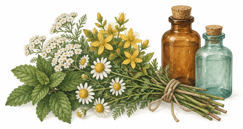 Aquarell: Kräuterbündel mit zwei Apothekerfläschchen
